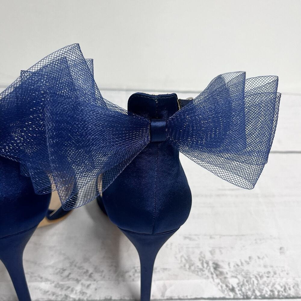 Navy Blue Satin Ultra High Heels Shoes size 9 Mesh Bow Prom Wedding Cocktail - Picture 8 of 12
